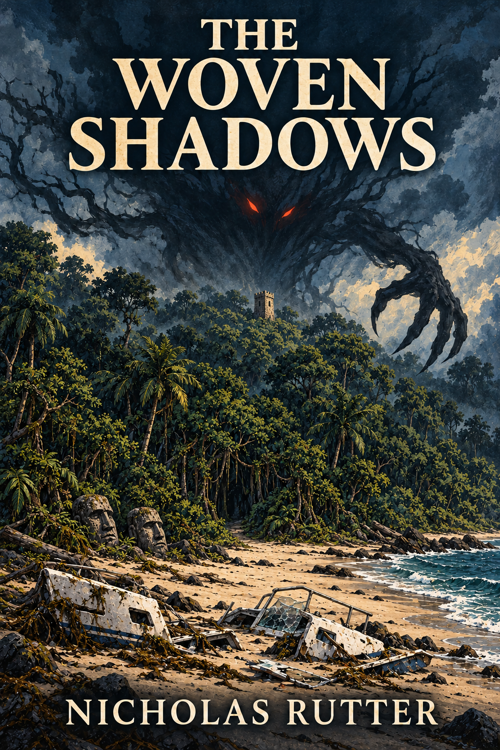 The Woven Shadows by Nicholas Rutter: a shadow watches over a jungle and the wreckage on a beach